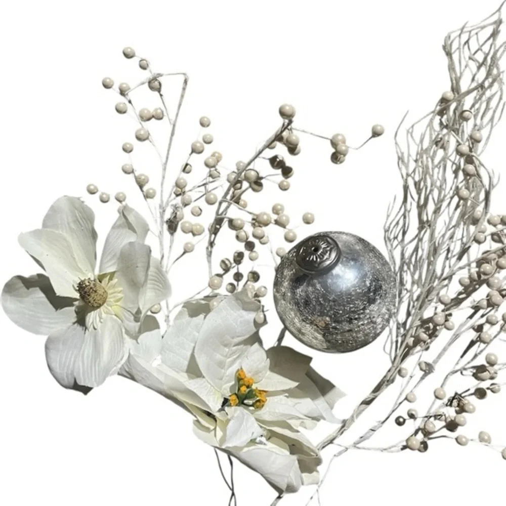 Elegant White and Silver Floral Ornament Set